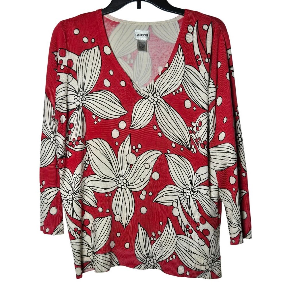 Chico's Womens Silk Blend Floral Sweater Size 3 XL Art Maximalism Whimsical